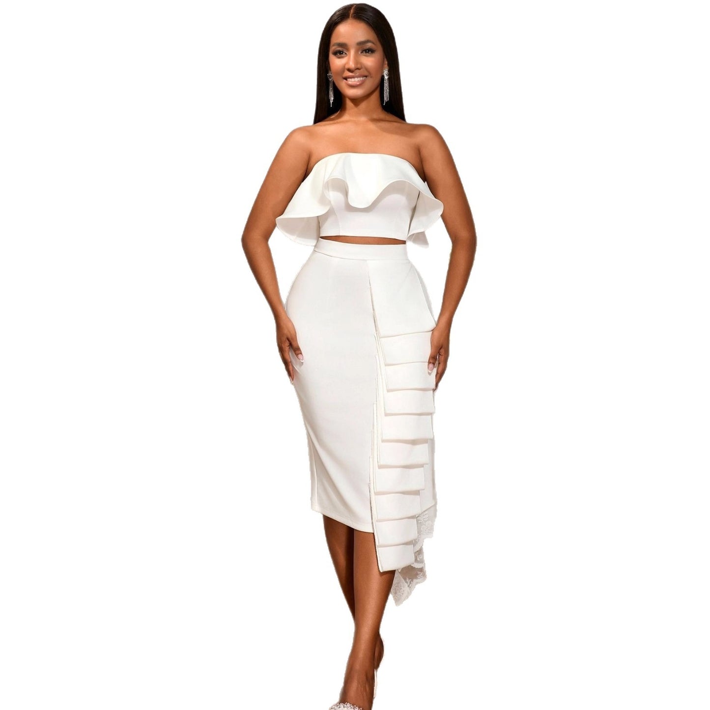 Sleek Asymmetric Hip Skirt with Tube Top & Shirt