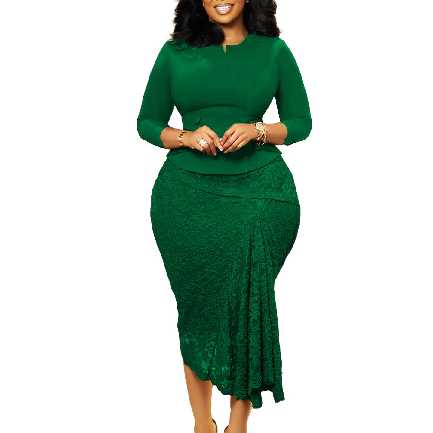 Trendy Long Sleeve Lace Top with African Skirt Combo