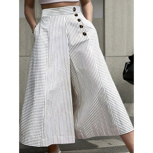 Casual Loose Lounge Pants with Elastic Waist and Button Detail